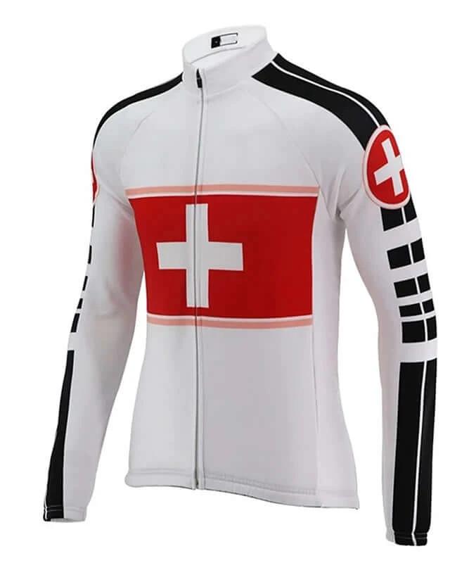 Men's Long Sleeve Cycling Shirt White For Spring And Autumn - white long sleeve cycling jersey with Swiss cross panel, breathable 100% polyester