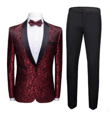 Men's Wedding Suit Set for Banquet, Size 165/94B-170/98B in wine red brocade jacket with black lapel, white shirt, bow tie and black trousers