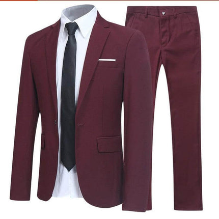 Mens Western Fit Two Piece Suit Slim Lapel For Work And Events in wine color slim-fit blazer and trousers, non-iron polyester, pocket details