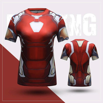 Yoga Fitness Short Sleeve T Shirt Breathable Polyester Tee showing red Iron Man style quick-dry polyester workout tee, front and back views