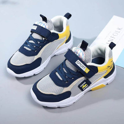Mesh Breathable Boys' Sneakers Velcro For Everyday Wear - navy yellow mesh kids' sneakers with Velcro strap and lightweight EVA sole