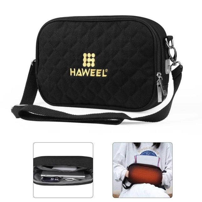 Messenger Shoulder Small Bag With Hand Warmer For Cold Days - compact black quilted canvas crossbody with detachable USB hand warmer