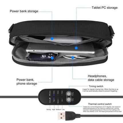 Messenger Shoulder Small Bag With Hand Warmer For Cold Days - black canvas compact crossbody showing tablet, phone, power bank pockets and USB heating control