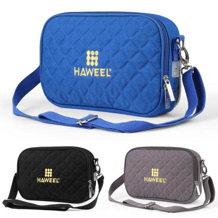 Messenger Shoulder Small Bag With Hand Warmer For Cold Days – quilted blue canvas crossbody with detachable USB heating pouch