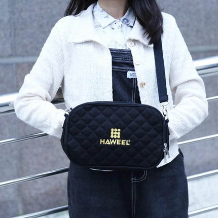 Messenger Shoulder Small Bag With Hand Warmer For Cold Days - black quilted canvas crossbody with detachable USB hand warmer