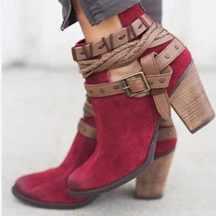 Mid Calf Suede Martin Boots With Block Heel For Daily Wear - red suede mid-calf boots with rivet belt, braided straps and 6–8 cm stacked block heel, rubber outsole