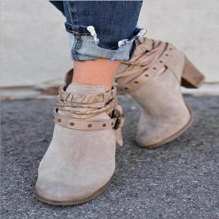 Mid Calf Suede Martin Boots With Block Heel For Daily Wear - beige suede mid-calf boots with rivet belt accent and 6–8 cm block heel for city commuting