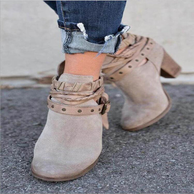 Mid Calf Suede Martin Boots With Block Heel For Daily Wear - beige suede mid-calf boots with rivet belt accent and 6–8 cm block heel for city commuting