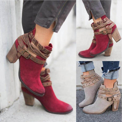 Mid Calf Suede Martin Boots With Block Heel For Daily Wear - red suede mid-calf boots with rivet belt accent and 6–8 cm block heel