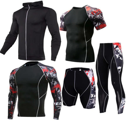 Sportswear Milk Silk Quick-Dry Running Suit For Everyday Use - black multi-piece set with hooded jacket, short sleeve top, long sleeve top, shorts and leggings