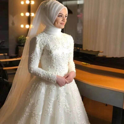 Milky White Wedding Dress For The Wedding Ceremony in milky white high-neck long-sleeve gown with veil, modest bridal look for formal ceremonies