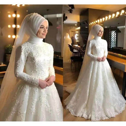 Milky White Wedding Dress For The Wedding Ceremony modest long‑sleeve gown with veil and lace details