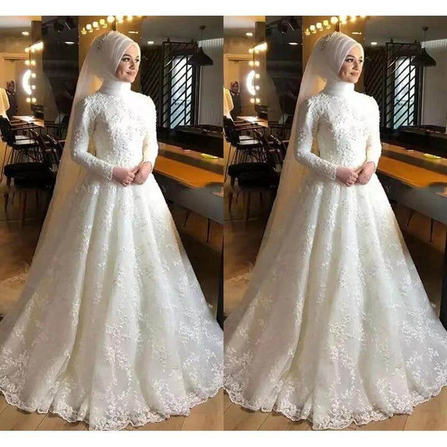 Milky White Wedding Dress For The Wedding Ceremony modest long‑sleeve gown with lace skirt and mid‑waist silhouette