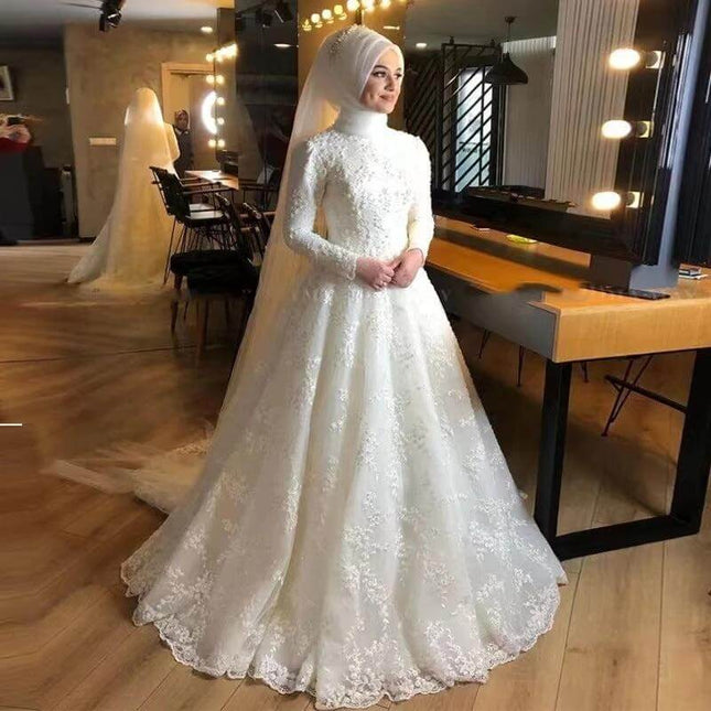 Milky White Wedding Dress For The Wedding Ceremony - modest long-sleeve bridal gown with mid-waist silhouette and lace detailing
