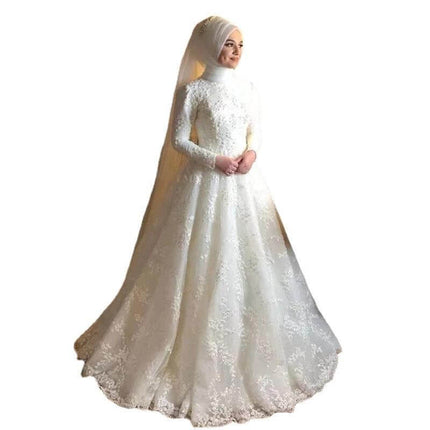 Milky White Wedding Dress For The Wedding Ceremony with mid‑waist silhouette, long sleeves and lace overlay, ideal for traditional bridal portraits