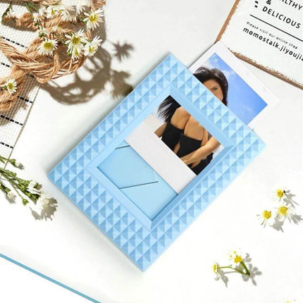 Mini 3 Inch Rivet Vertical Color Photo Frame For Polaroid Photos - light blue ABS desktop frame displaying Polaroid-style photos