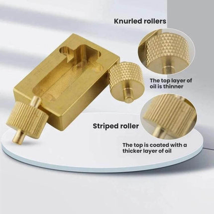 Mini Brass Edge Oil Box For Daily Leather Care Tasks - compact brass oil applicator with knurled and striped rollers for leather edge maintenance