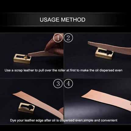 Mini Brass Edge Oil Box For Daily Leather Care Tasks showing step-by-step usage with roller applying oil to leather edge