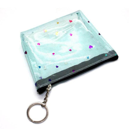 Mini Waterproof PVC Jelly Coin Purse Transparent Zipper Bag - small clear mint pouch with heart confetti, zipper and keyring