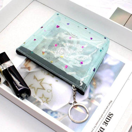 Mini Waterproof PVC Jelly Coin Purse Transparent Zipper Bag - clear mint pouch with heart confetti, zipper and keyring for coins keys cards