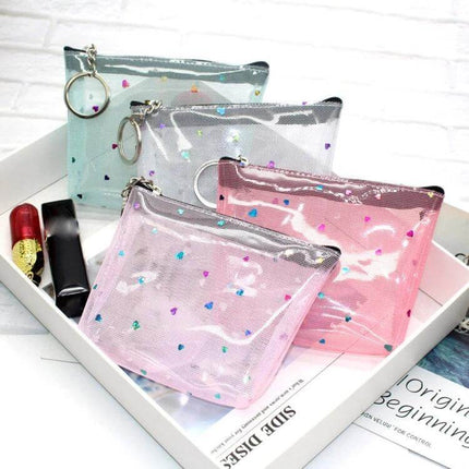 Mini Waterproof PVC Jelly Coin Purse Transparent Zipper Bag showing small clear coin pouches with heart confetti, zipper closure and keyring for travel and daily use
