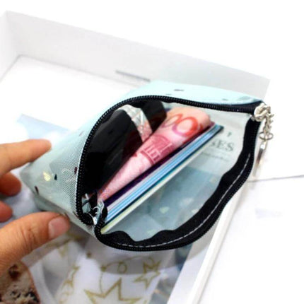 Mini Waterproof PVC Jelly Coin Purse Transparent Zipper Bag showing clear pouch with zipper open holding coins, cards and folded cash