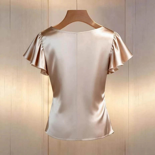 Minimalist Women's Khaki Pleated Short Sleeve Commuter Top back view on hanger showing A-line pleated sleeves and smooth permanganate-washed drape