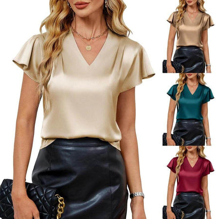 Minimalist Satin Ruffle Sleeve Pullover Relaxed Fit Womens Top in apricot shown with V-neck, ruffle short sleeves and leather skirt for office wear