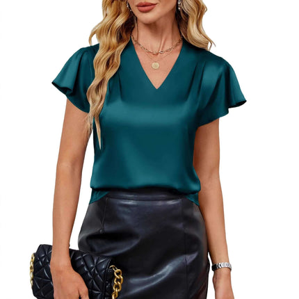 Minimalist Satin Ruffle Sleeve Pullover Relaxed Fit Womens Top in teal styled with black leather skirt for office or smart-casual wear