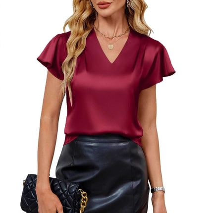 Minimalist Satin Ruffle Sleeve Pullover Relaxed Fit Womens Top in wine red satin with V-neck and ruffle sleeves styled with leather skirt