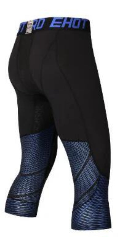 MMA Men’s Compression Set Long Sleeve Tee And Pants For Fitness – black 3/4 compression pants with blue textured panels
