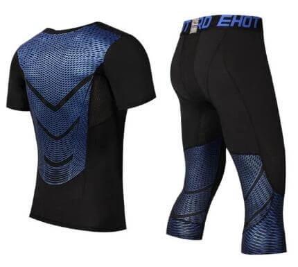 MMA Men’s Compression Set Long Sleeve Tee And Pants For Fitness – black and blue breathable compression training top and 3/4 pants