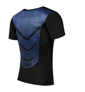 MMA Men’s Compression Set Long Sleeve Tee And Pants For Fitness - black short-sleeve compression top with blue textured back panel