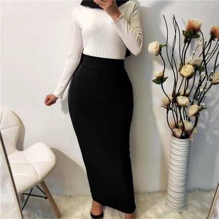 All-Match Solid Color Modal Skirt for Everyday Modest Wear - black full-length modest skirt styled with white top