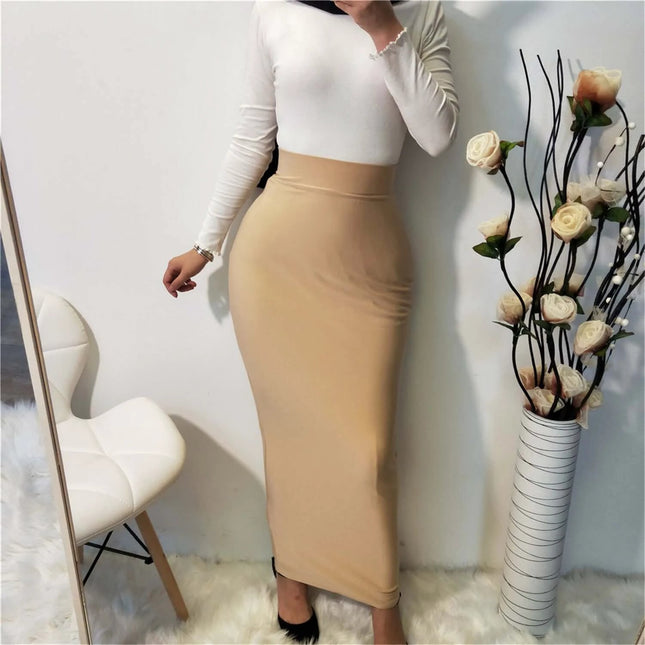 All-Match Solid Color Modal Skirt for Everyday Modest Wear - beige modal blend maxi skirt styled with white top for work or casual