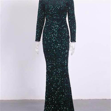 Women Modest Stretch Sequin Royal Blue Evening Gown full-length modest sequin gown with long sleeves and fitted silhouette for weddings and evening events