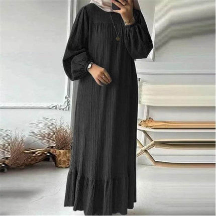 Modest Vintage Maxi Dress With Ruffled Hem For Everyday Wear - black polyester pullover with puff sleeves and ruffled hem, modest everyday maxi