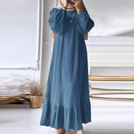 Modest Vintage Maxi Dress With Ruffled Hem For Everyday Wear in blue polyester with puff sleeves and ruffled hem, casual commuting and weekend outfit