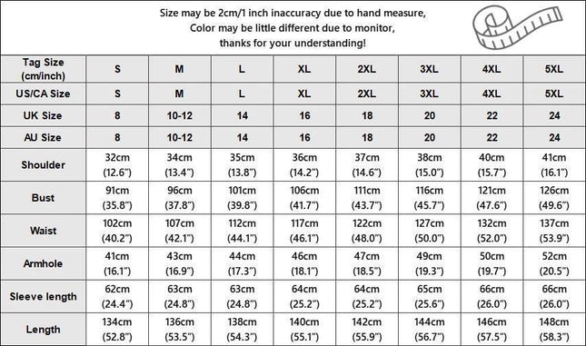Modest Vintage Maxi Dress With Ruffled Hem For Everyday Wear size chart showing measurements for shoulder bust waist sleeve length