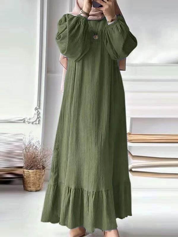 Modest Vintage Maxi Dress With Ruffled Hem For Everyday Wear in olive green polyester with puff sleeves, bell skirt and pullover fold detailing
