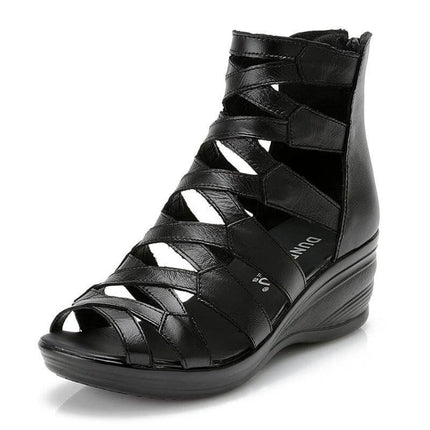 Mother Roman Wedge Flat Sandals For Everyday City Walking - black Roman-style wedge sandal with crisscross straps, low stable heel for commuting and travel