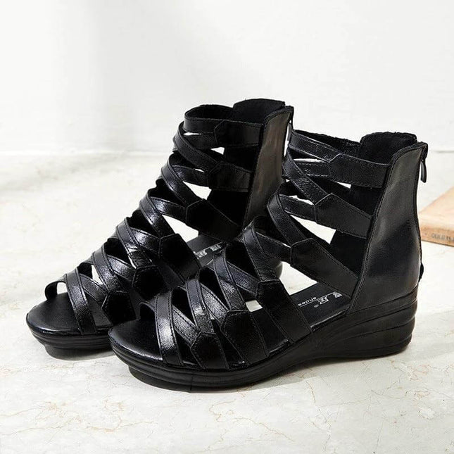 Mother Roman Wedge Flat Sandals For Everyday City Walking - black Roman-style wedge sandals with strappy closed-heel design for commuting and travel