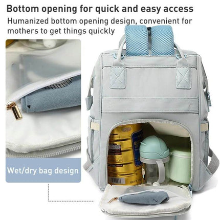 Multifunctional Mommy Bag Large Capacity Baby Care Backpack with insulated bottom opening for bottles, milk powder tins and diapers, light gray