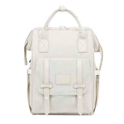Multifunctional Mommy Bag Large Capacity Baby Care Backpack in cream with insulated bottle pocket, multiple compartments and stroller straps