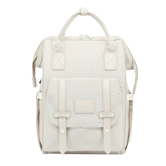 Multifunctional Mommy Bag Large Capacity Baby Care Backpack in cream with insulated bottle pocket, multiple compartments and stroller straps