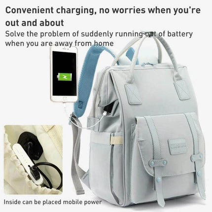 Multifunctional Mommy Bag Large Capacity Baby Care Backpack with insulated bottle pocket, USB charging port and organized diaper compartments