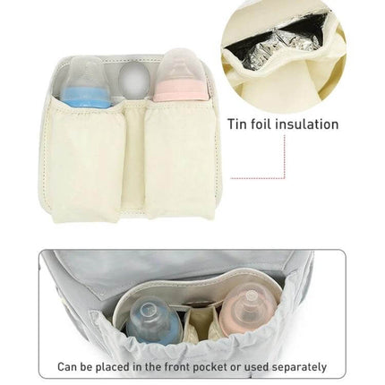 Multifunctional Mommy Bag Large Capacity Baby Care Backpack insulated bottle holder showing tin foil insulation and two baby bottles