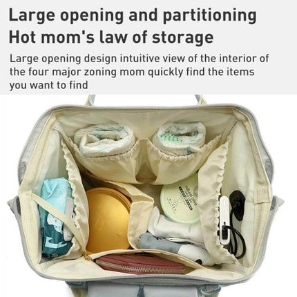 Multifunctional Mommy Bag Large Capacity Baby Care Backpack interior showing large opening, partitions, insulated bottle pockets and organized compartments