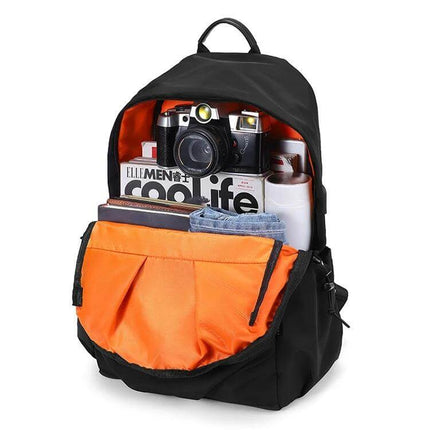 Multifunctional Oxford Laptop Bag Backpack For Daily Commute — black backpack open showing camera, magazine, water bottle, and organized compartments