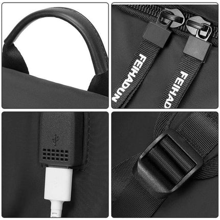 Multifunctional Oxford Laptop Bag Backpack For Daily Commute - black Oxford fabric backpack with USB port, padded handle, zipper pulls and adjustable strap
